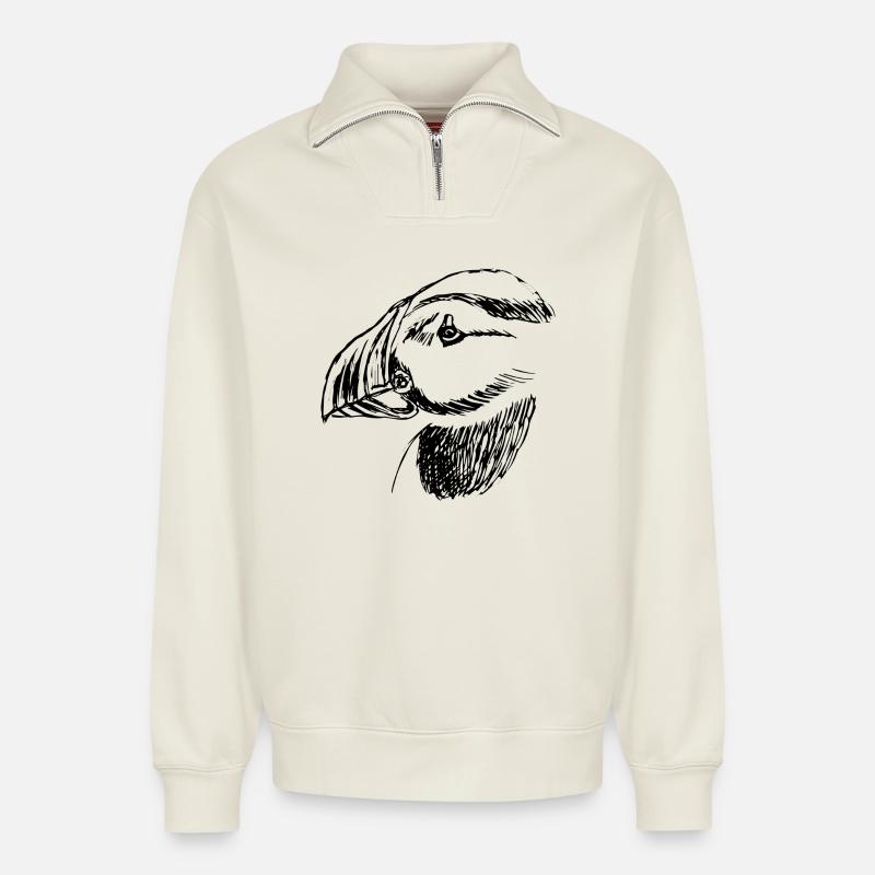 Handgezeichneter Papageientauchervogel - Relaxed Unisex Organic Half Zip Sweatshirt – von SPREAD - Naturweiß