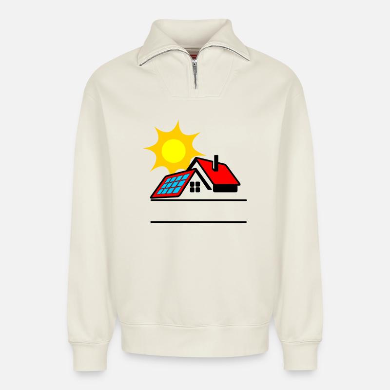Sonnenkollektor auf Bungalowhaus mit Sonne - Relaxed Unisex Organic Half Zip Sweatshirt – von SPREAD - Naturweiß