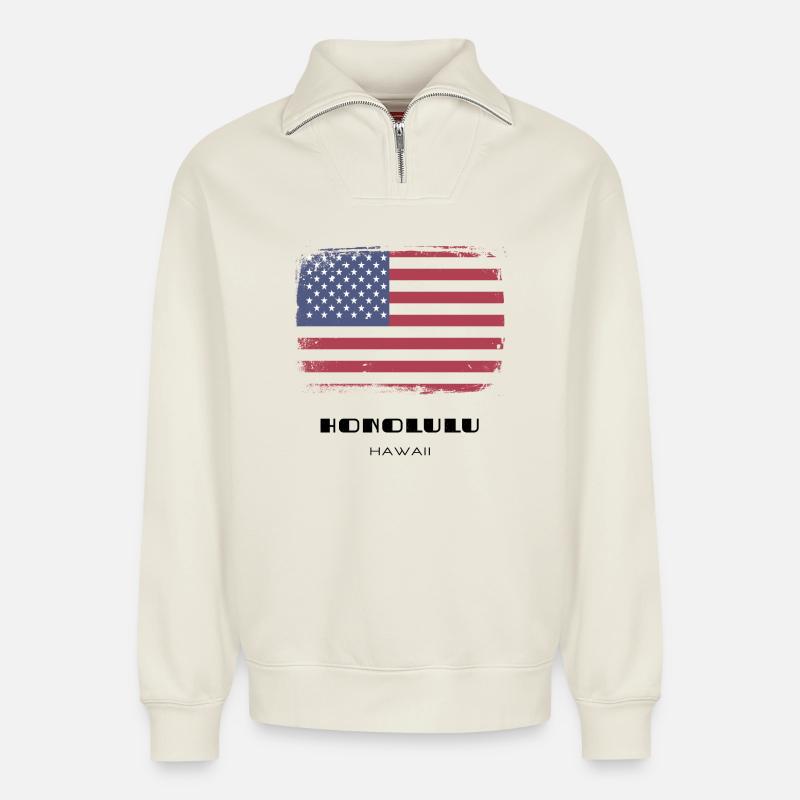 Honolulu, Hawaï, États-Unis - Sweat unisexe décontracté en coton biologique à demi-zip – de SPREAD - blanc cassé