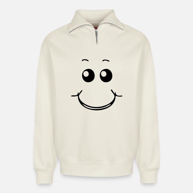 Smiling face - Relaxed Unisex Organic Half Zip Sweatshirt – by SPREAD - off white
