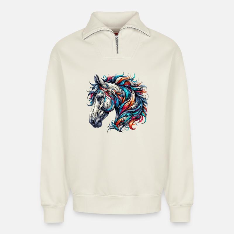 Pferd - Relaxed Unisex Organic Half Zip Sweatshirt – von SPREAD - Naturweiß