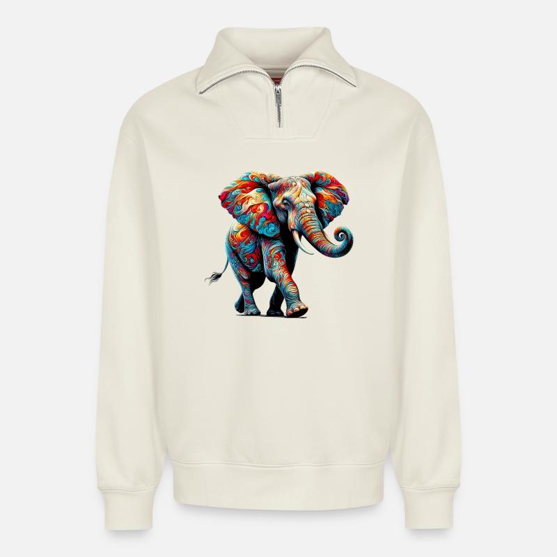 Éléphant - Sweat unisexe décontracté en coton biologique à demi-zip – de SPREAD - blanc cassé