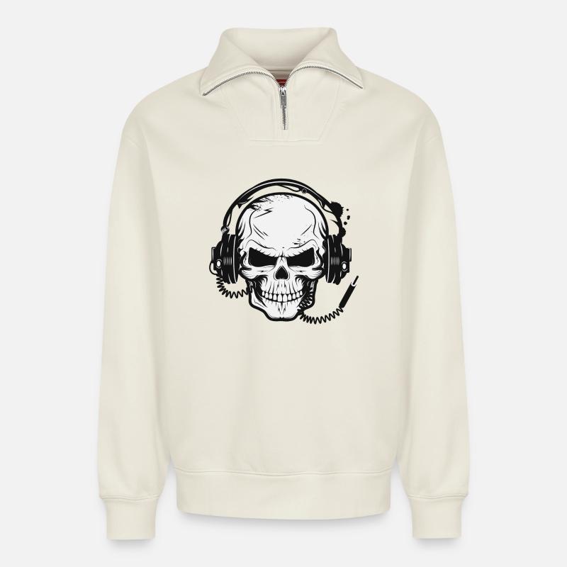 Schädel,Skull,Totenkopf mit Kopfhörer - Relaxed Unisex Organic Half Zip Sweatshirt – von SPREAD - Naturweiß