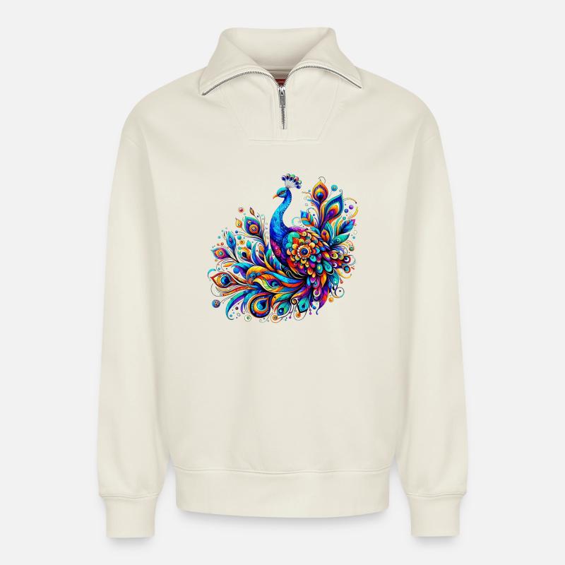 Paon - Sweat unisexe décontracté en coton biologique à demi-zip – de SPREAD - blanc cassé