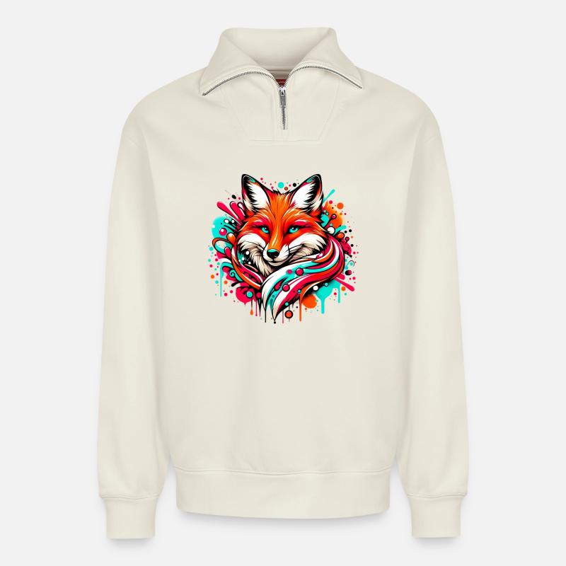 Renard - Sweat unisexe décontracté en coton biologique à demi-zip – de SPREAD - blanc cassé