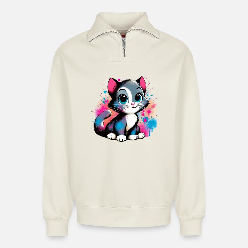 Katze - Relaxed Unisex Organic Half Zip Sweatshirt – von SPREAD - Naturweiß