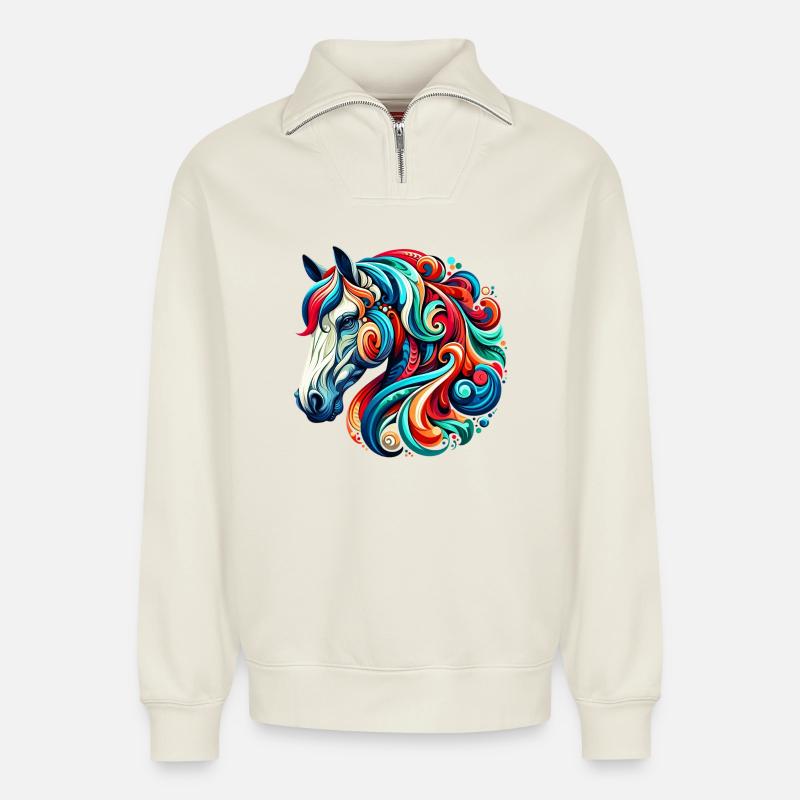 Cheval - Sweat unisexe décontracté en coton biologique à demi-zip – de SPREAD - blanc cassé
