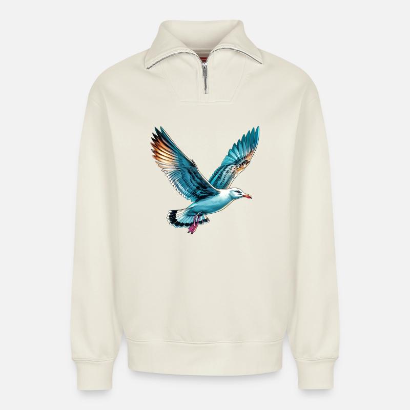 Mouette - Sweat unisexe décontracté en coton biologique à demi-zip – de SPREAD - blanc cassé
