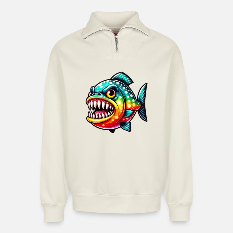 Piranha - Relaxed Unisex Organic Half Zip Sweatshirt – von SPREAD - Naturweiß