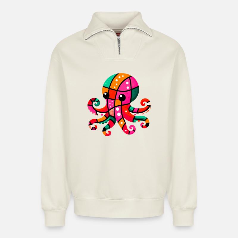 Octopus - Relaxed Unisex Organic Half Zip Sweatshirt – by SPREAD - off white