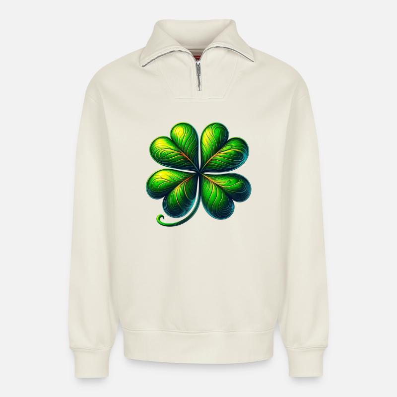 Four-leaf clover - Relaxed Unisex Organic Half Zip Sweatshirt – by SPREAD - off white