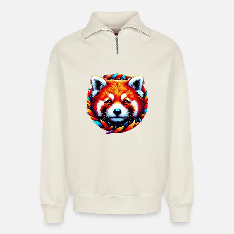 Petit panda - Sweat unisexe décontracté en coton biologique à demi-zip – de SPREAD - blanc cassé