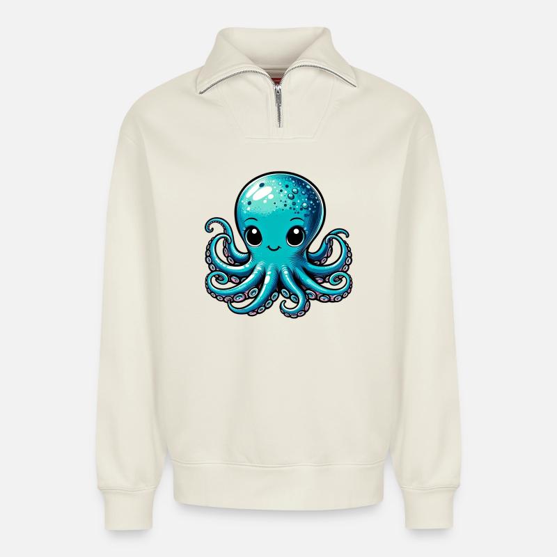 Pieuvre - Sweat unisexe décontracté en coton biologique à demi-zip – de SPREAD - blanc cassé