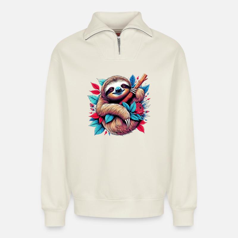 Sloth - Relaxed Unisex Organic Half Zip Sweatshirt – by SPREAD - off white