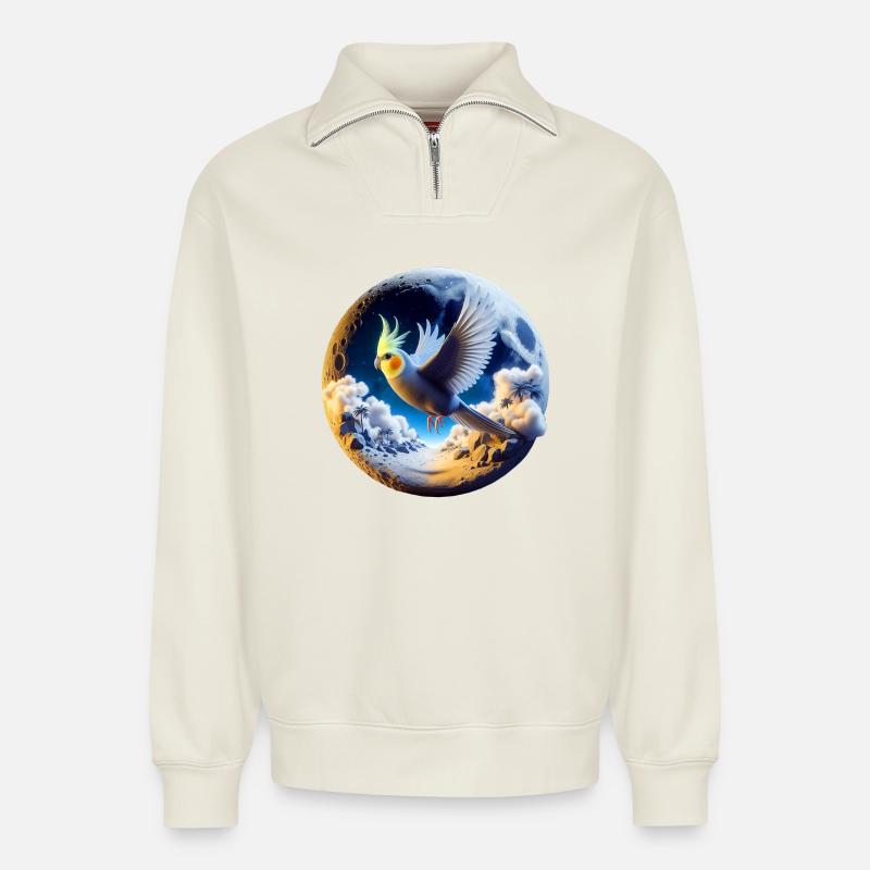 Nymphensittich (22) - Relaxed Unisex Organic Half Zip Sweatshirt – von SPREAD - Naturweiß