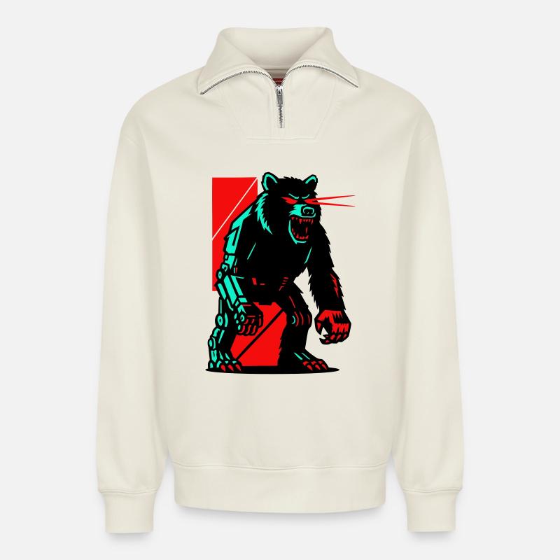 Mecha Techno Bear - Relaxed Unisex Organic Half Zip Sweatshirt – by SPREAD - off white
