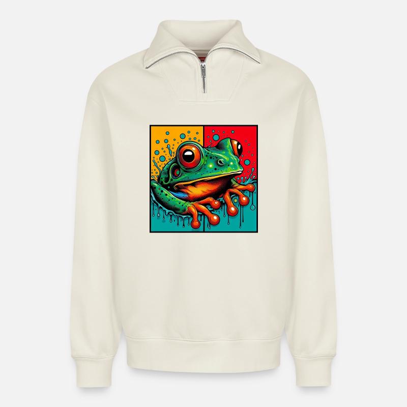 grenouille - Sweat unisexe décontracté en coton biologique à demi-zip – de SPREAD - blanc cassé