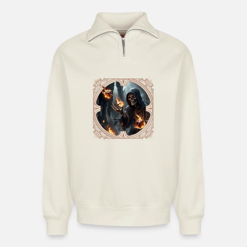 Skeleton Dice Magic and Fire - Relaxed Unisex Organic Half Zip Sweatshirt – by SPREAD - off white