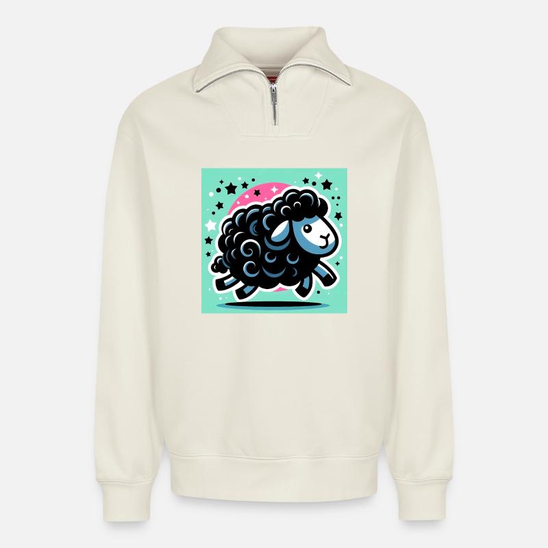 Mouton noir - Sweat unisexe décontracté en coton biologique à demi-zip – de SPREAD - blanc cassé