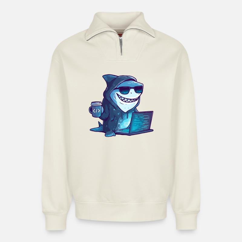 Cyber Shark Hacker Design - Relaxed Unisex Organic Half Zip Sweatshirt – by SPREAD - off white