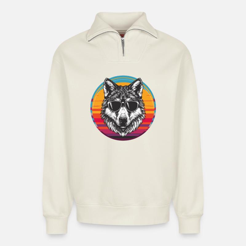 Cool Wolf mit Sonnenbrille im Retro-Design - Relaxed Unisex Organic Half Zip Sweatshirt – von SPREAD - Naturweiß