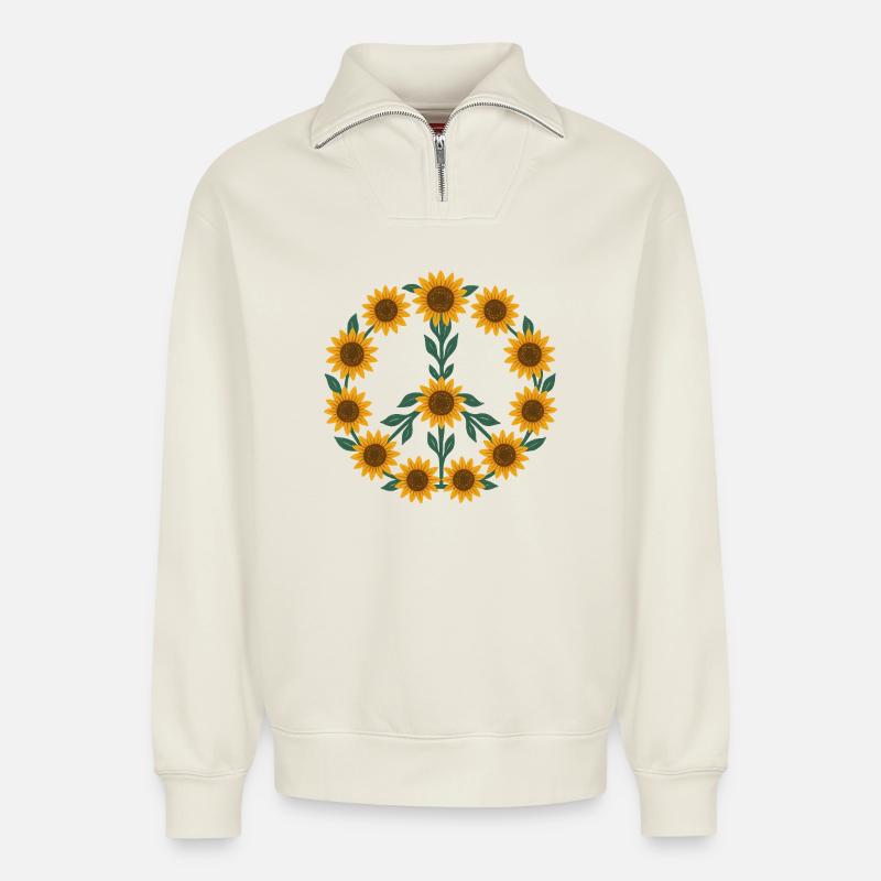 Sonnenblumen-Friedenssymbol-Design - Relaxed Unisex Organic Half Zip Sweatshirt – von SPREAD - Naturweiß