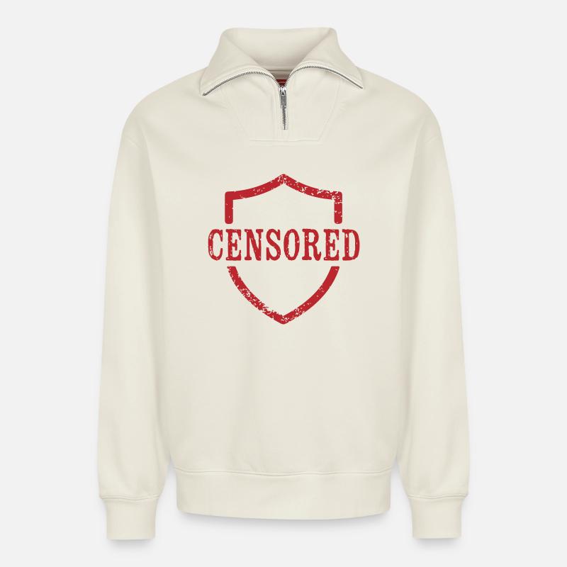 Zensiertes Shield-Grunge-Design - Relaxed Unisex Organic Half Zip Sweatshirt – von SPREAD - Naturweiß