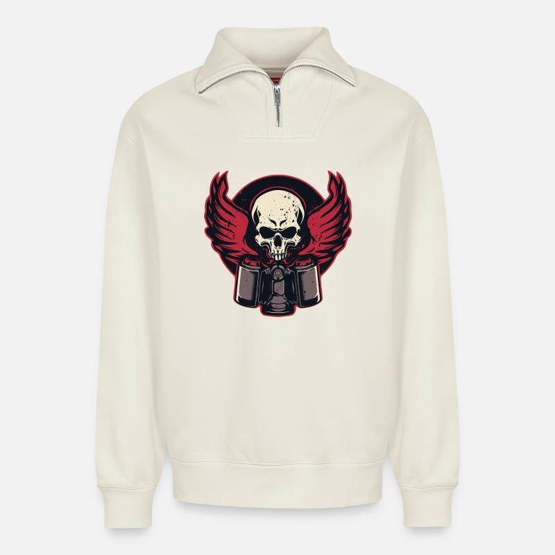 Kolben Flammender Schädel - Relaxed Unisex Organic Half Zip Sweatshirt – von SPREAD - Naturweiß