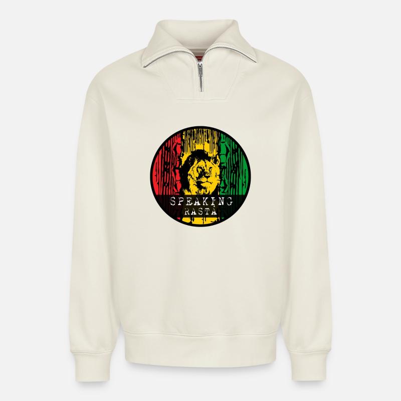 Löwe im Rasta Stil - Relaxed Unisex Organic Half Zip Sweatshirt – von SPREAD - Naturweiß