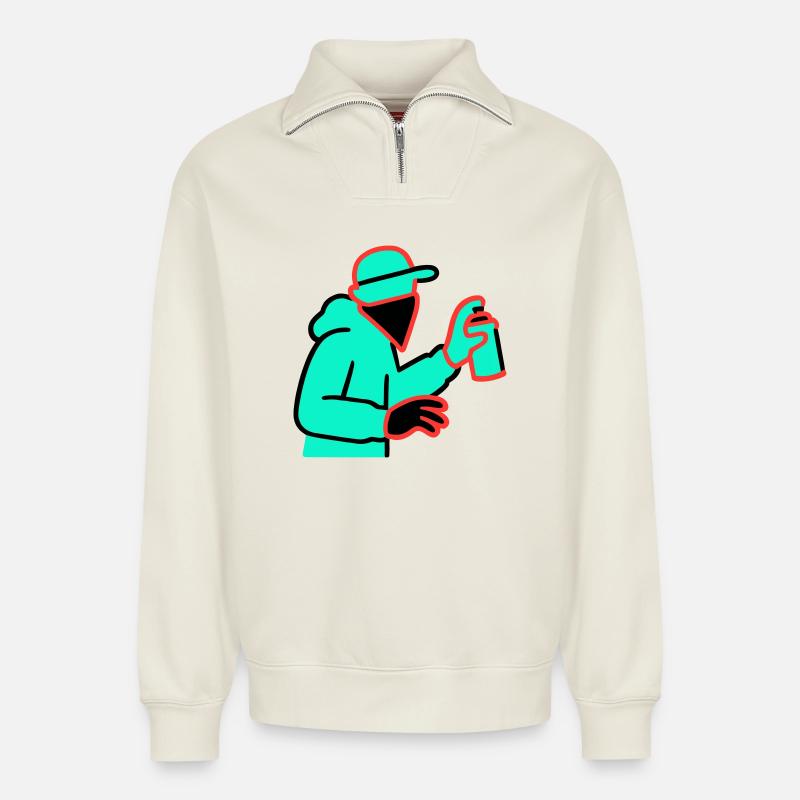 Neon Graffiti Sprayer - Relaxed Unisex Organic Half Zip Sweatshirt – by SPREAD - off white