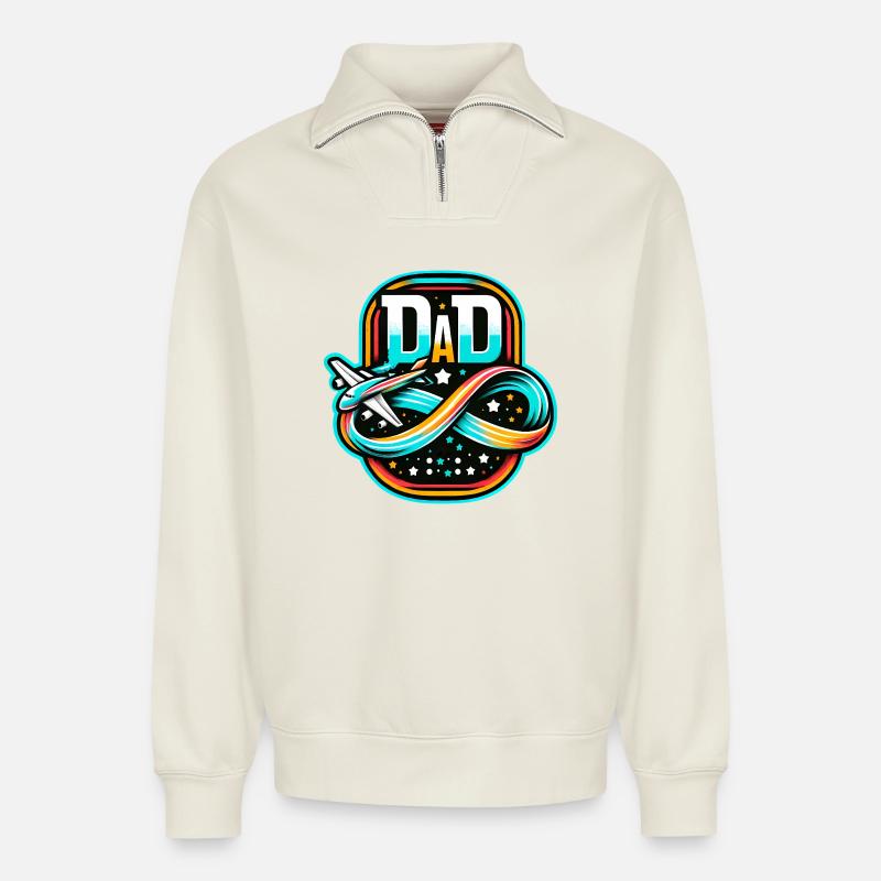 Dad Flight Emblem, Pilot Father - Relaxed Unisex Organic Half Zip Sweatshirt – by SPREAD - off white
