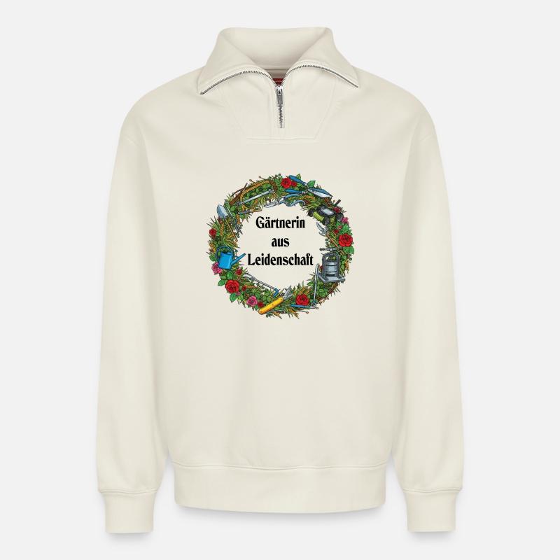 Garden Tool Wreath Pattern - Relaxed Unisex Organic Half Zip Sweatshirt – by SPREAD - off white