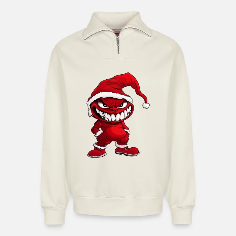 Devil Christmas - Relaxed Unisex Organic Half Zip Sweatshirt – by SPREAD - off white
