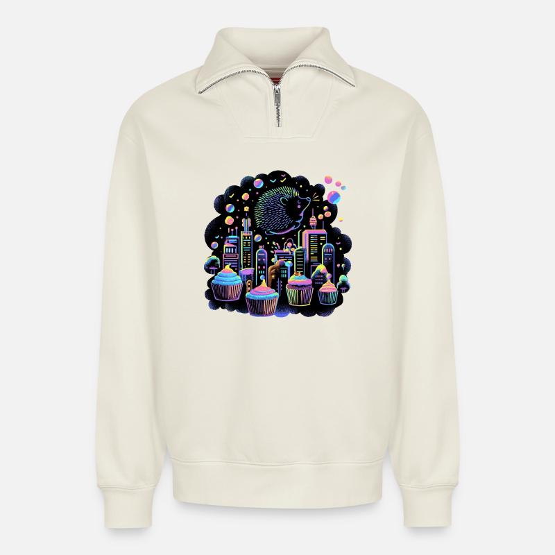 Neon Cupcake Stadt Igel - Relaxed Unisex Organic Half Zip Sweatshirt – von SPREAD - Naturweiß