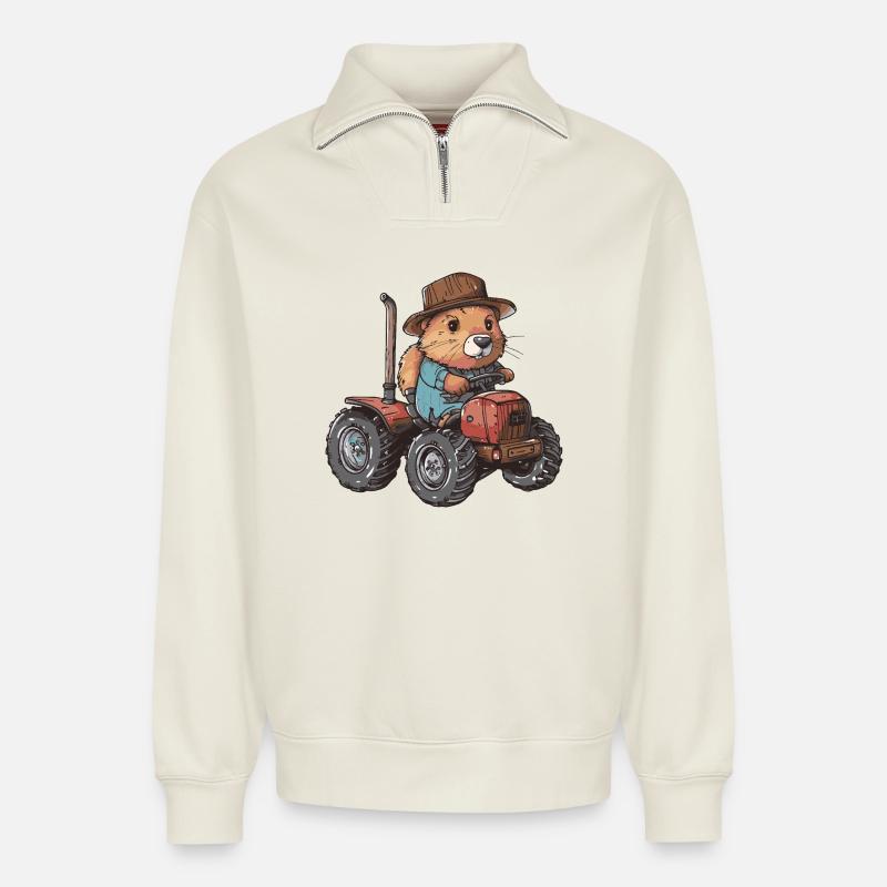 Biber Traktor Farmer - Relaxed Unisex Organic Half Zip Sweatshirt – von SPREAD - Naturweiß
