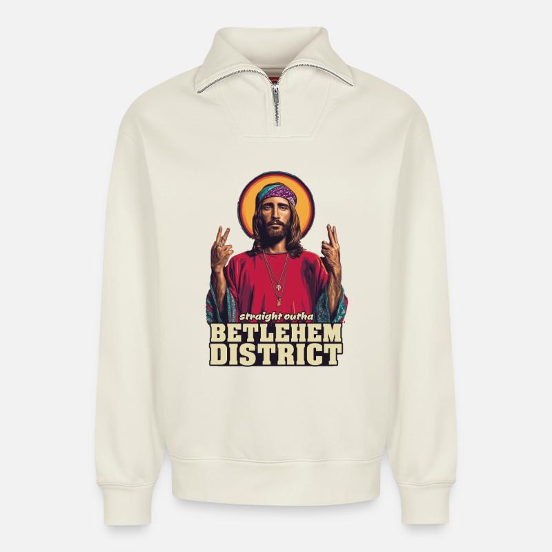 Bethlehem District Peace Sign - Relaxed Unisex Organic Half Zip Sweatshirt – von SPREAD - Naturweiß