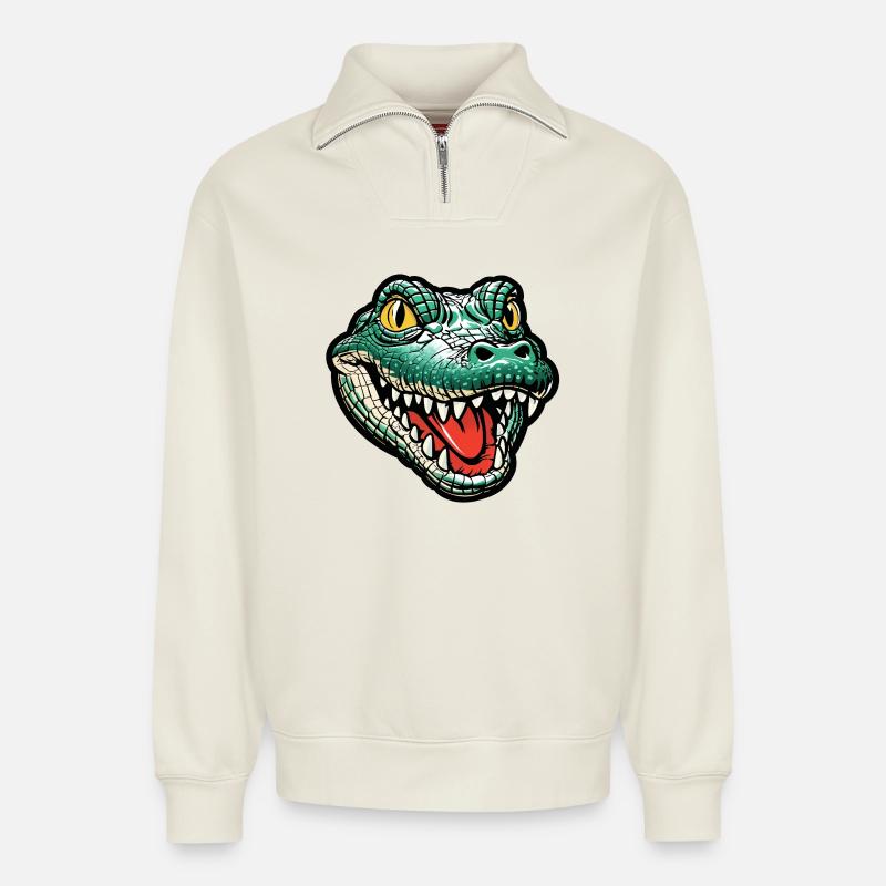 Grinsender Krokodil Kopf - Relaxed Unisex Organic Half Zip Sweatshirt – von SPREAD - Naturweiß