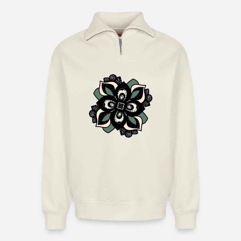 Mandala Fleur Pêche Verte - Sweat unisexe décontracté en coton biologique à demi-zip – de SPREAD - blanc cassé