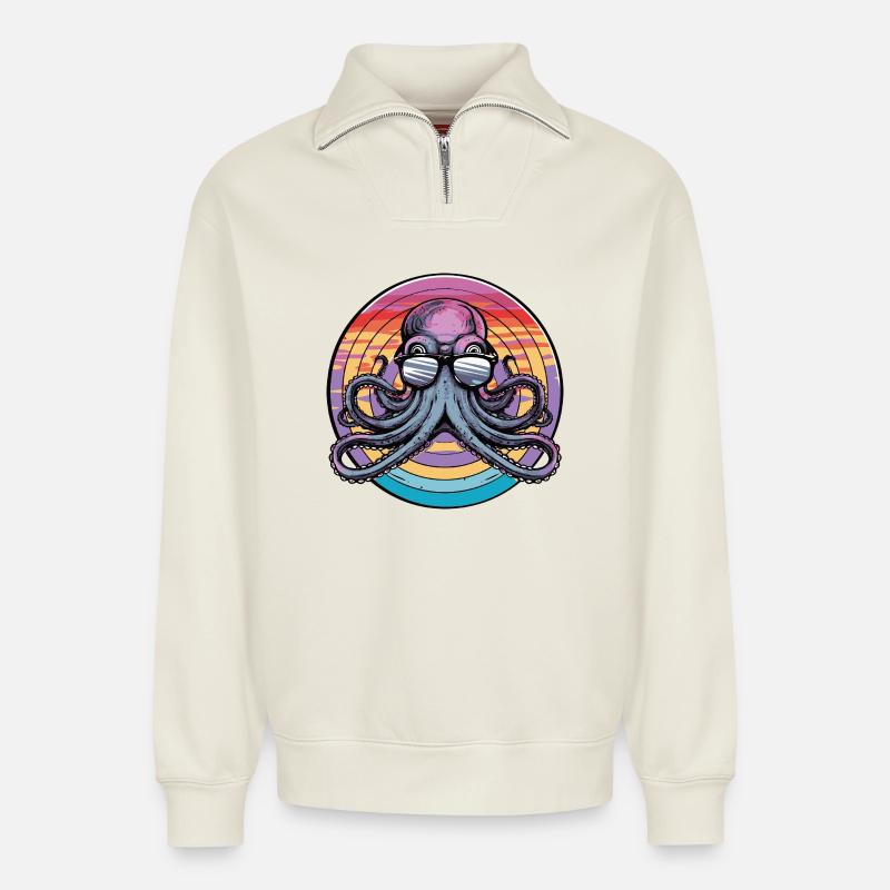 Octopus Retro Surf - Sweat unisexe décontracté en coton biologique à demi-zip – de SPREAD - blanc cassé