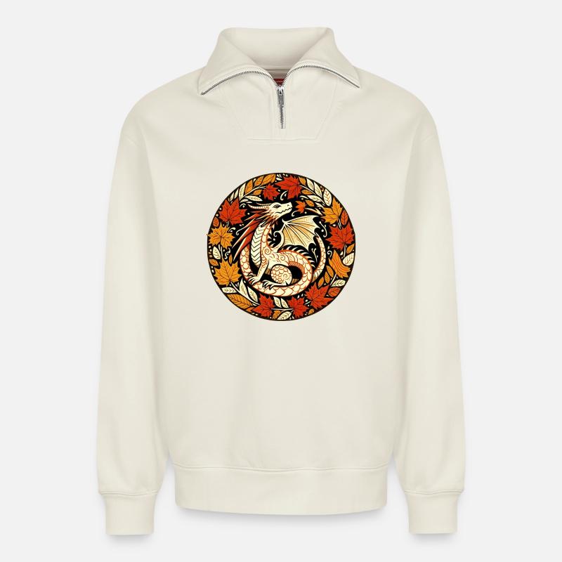 Herbstdrachen-Rundblattmuster - Relaxed Unisex Organic Half Zip Sweatshirt – von SPREAD - Naturweiß