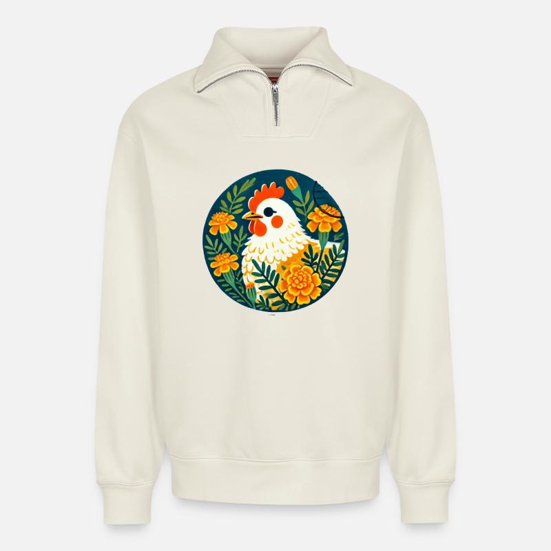 Sonnenhühner zwischen kräftigen Blumen - Relaxed Unisex Organic Half Zip Sweatshirt – von SPREAD - Naturweiß