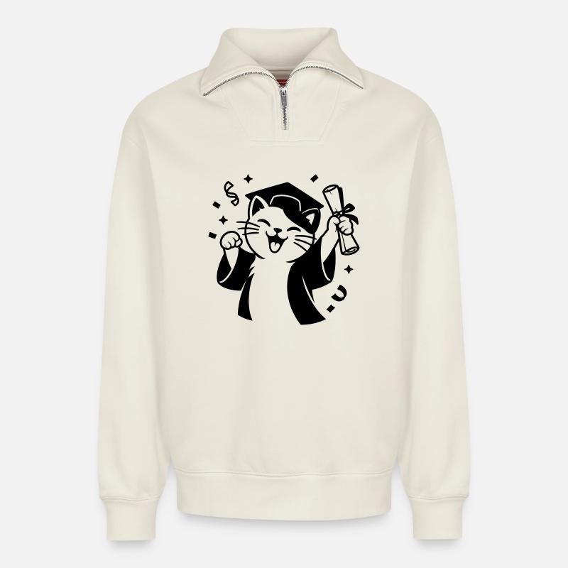 Diplôme Cat - Sweat unisexe décontracté en coton biologique à demi-zip – de SPREAD - blanc cassé