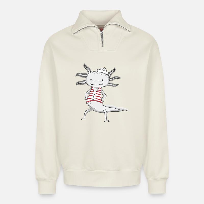 Axolotl Sailor - Relaxed Unisex Organic Half Zip Sweatshirt – by SPREAD - off white
