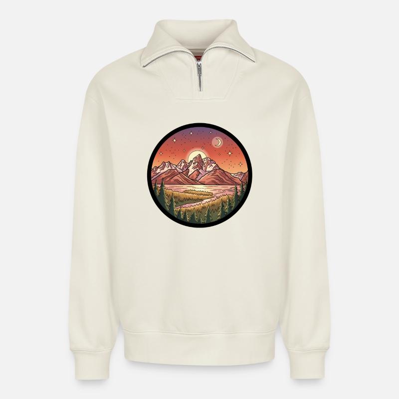 Moonlight Mountains Round Patch - Relaxed Unisex Organic Half Zip Sweatshirt – by SPREAD - off white