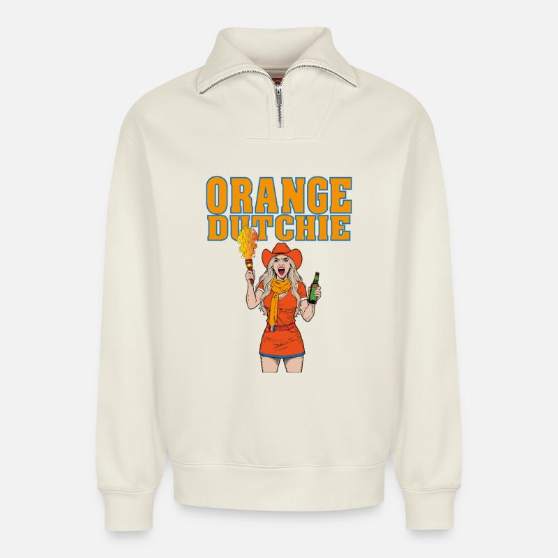 orangedutchie - Relaxed Unisex Organic Half Zip Sweatshirt – von SPREAD - Naturweiß