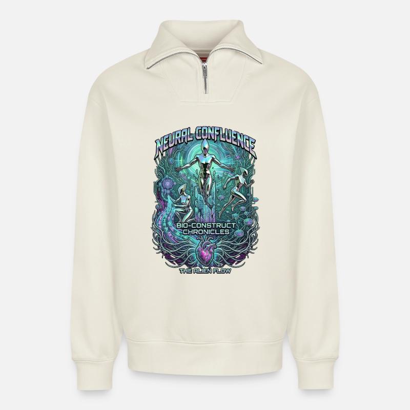 Neural Confluence Bio-Construct Chronicles - Relaxed Unisex Organic Half Zip Sweatshirt – by SPREAD - off white
