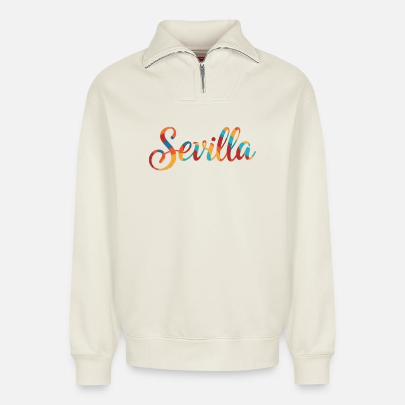 Seville Rainbow Script - Relaxed Unisex Organic Half Zip Sweatshirt – by SPREAD - off white