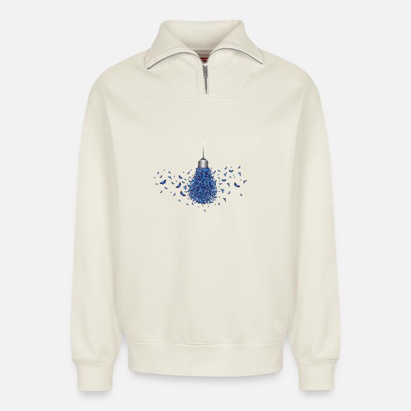 Blue Butterfly - Sweat unisexe décontracté en coton biologique à demi-zip – de SPREAD - blanc cassé