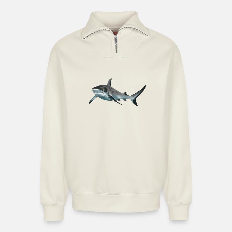 requin - Sweat unisexe décontracté en coton biologique à demi-zip – de SPREAD - blanc cassé
