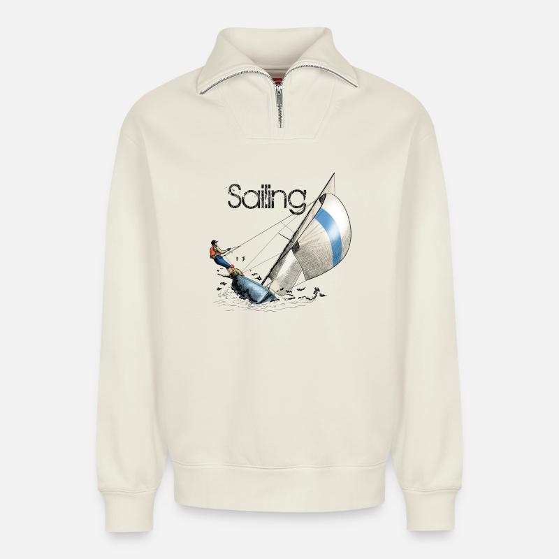 sailing - Relaxed Unisex Organic Half Zip Sweatshirt – by SPREAD - off white